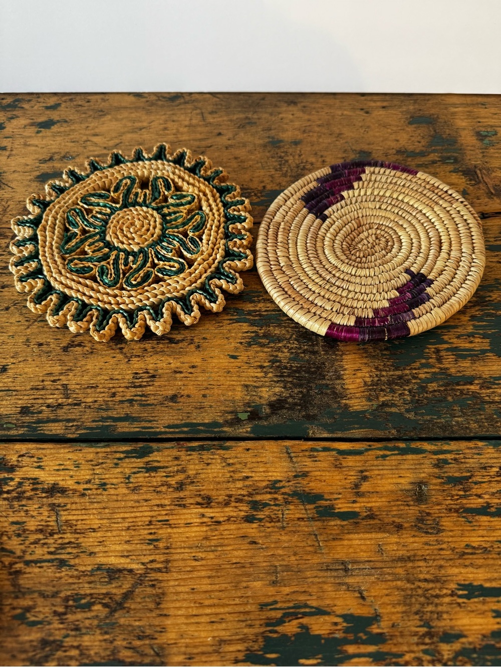 Handwoven Natural Fiber Trivets Set of 2 – Tan with Green & Purple Accents